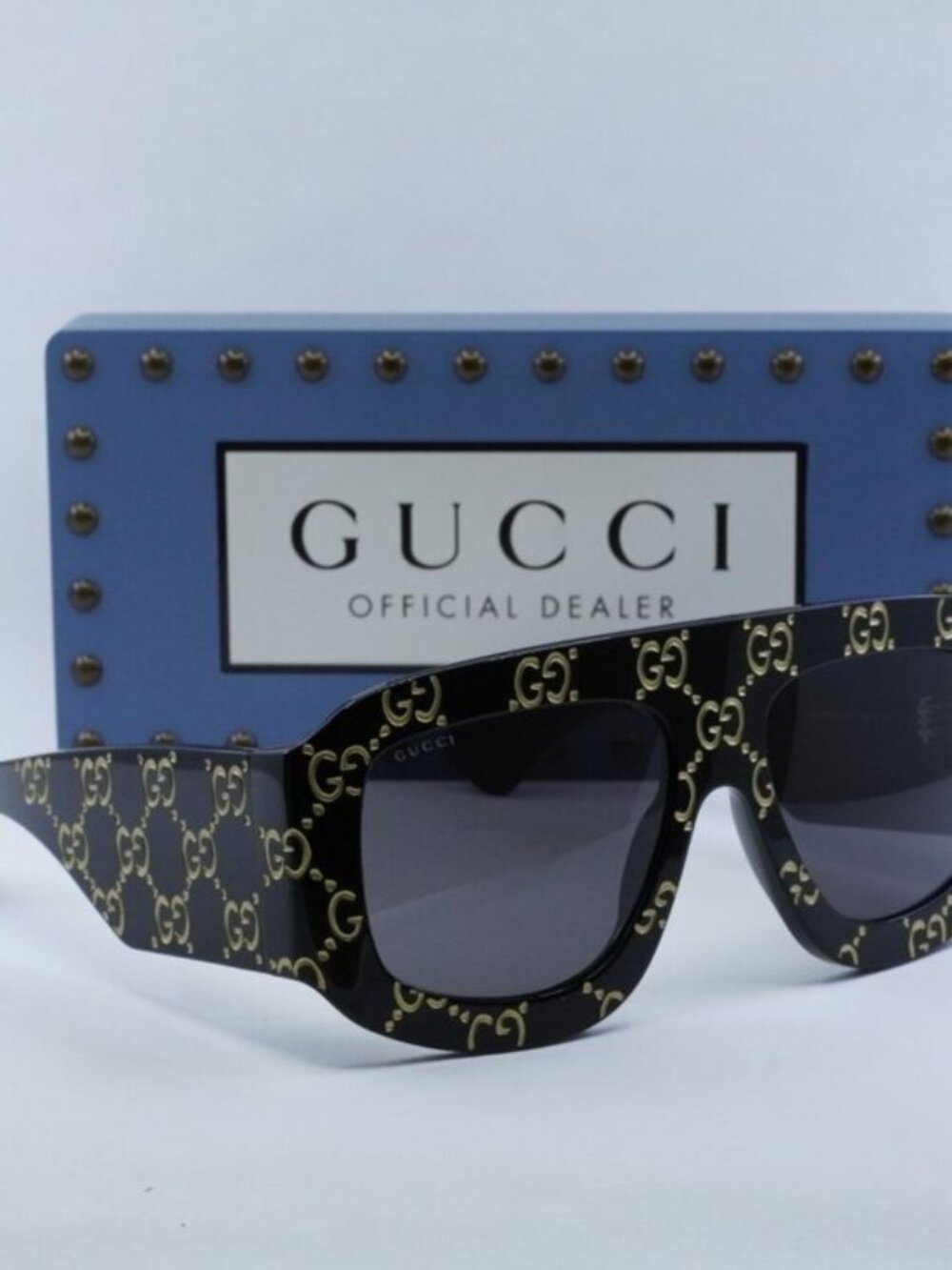Gucci GG0983S 004 Square Sunglasses - Black With Gold GG Pattern\Grey
